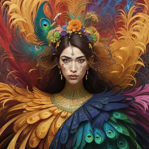 Dragon Peacock Woman Portrait in Abstract Expressionism