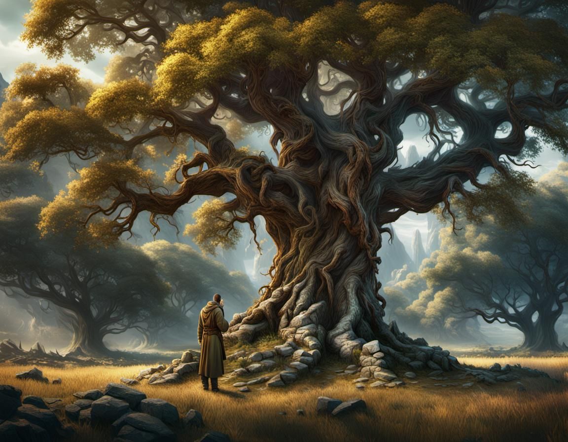 Man Praying Under Tree: Detailed Matte Painting