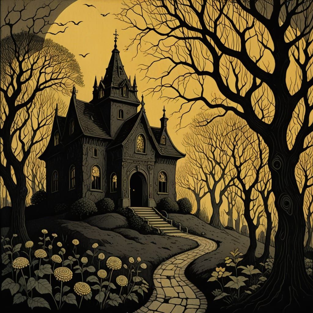 Haunted Garden with Tomb in Dark Whimsical Style