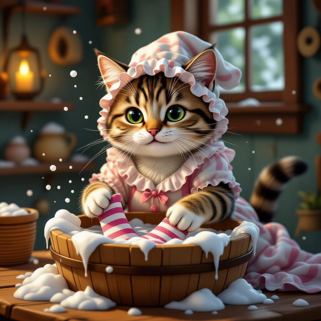 Storybook Cat Mother Washes Socks with Playful Colors