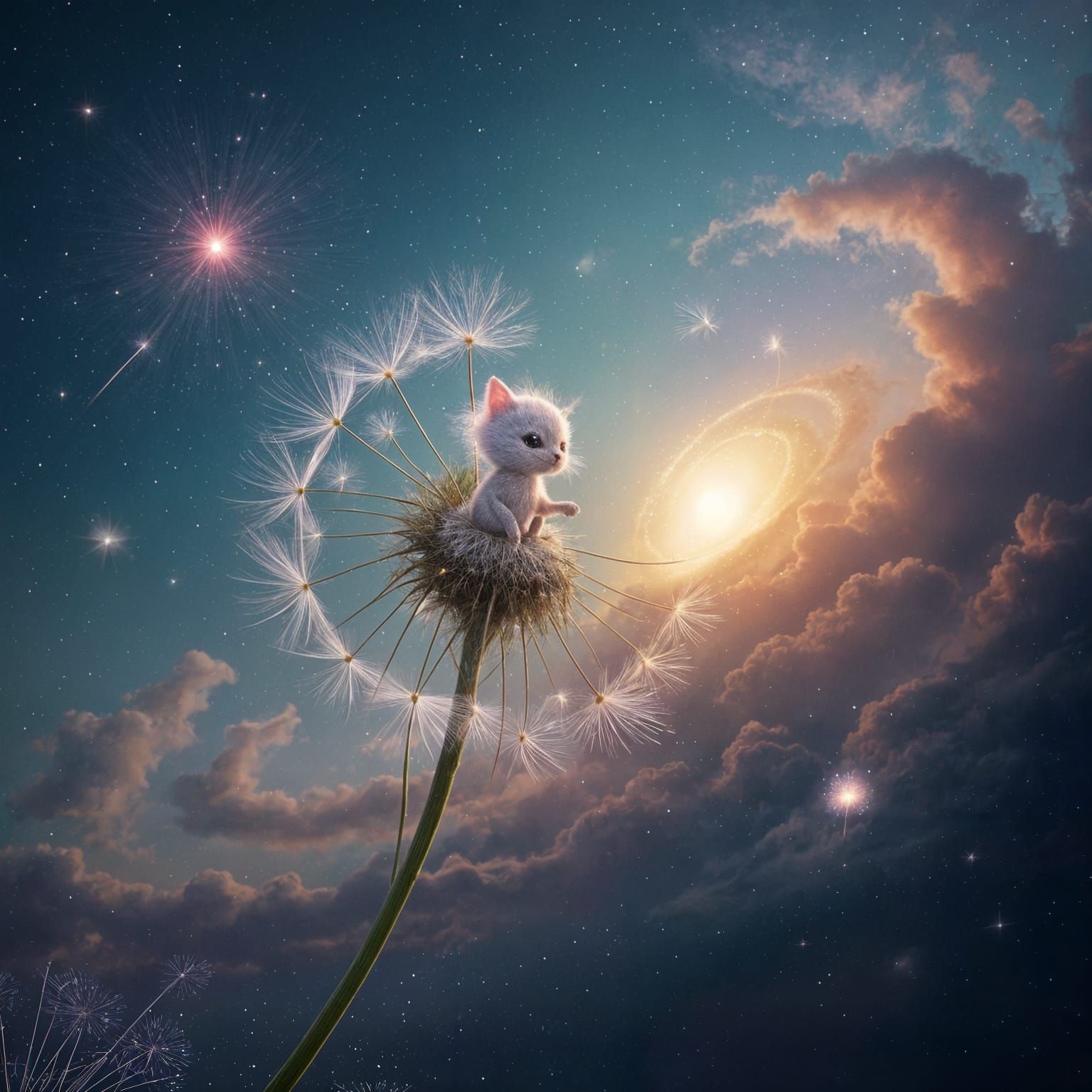 Stardust Creature Rides Dandelion Seed Through Nebula