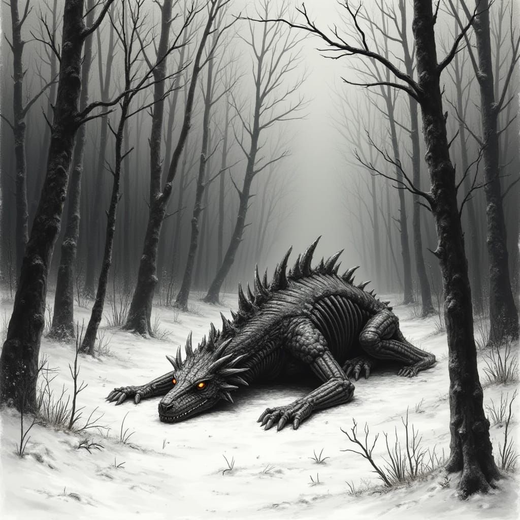 Ethereal Winter Landscape with Starved Dragon