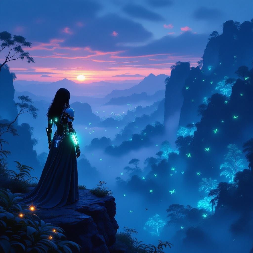 Cybernetic Woman Overlooks Bioluminescent Forest at Twilight