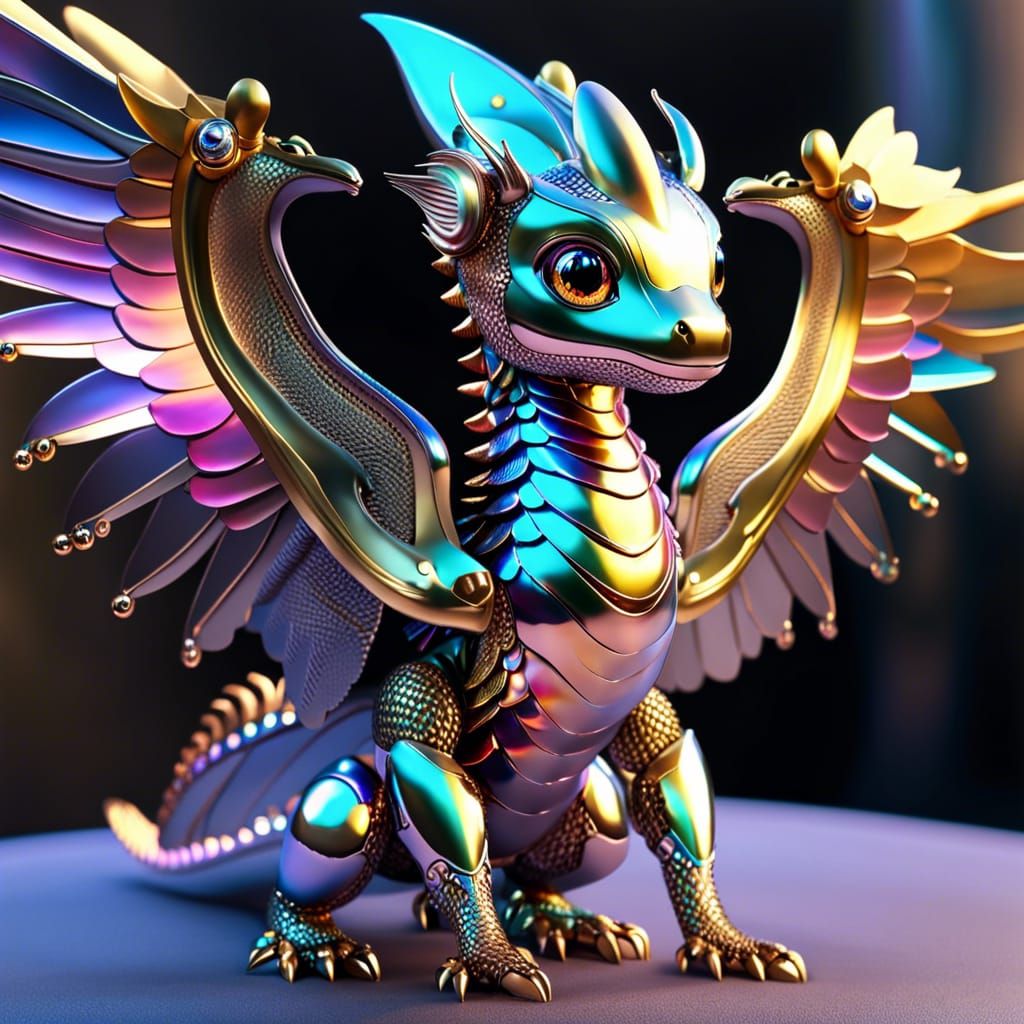 Iridescent Baby Robot Dragon: High Quality CGI Art