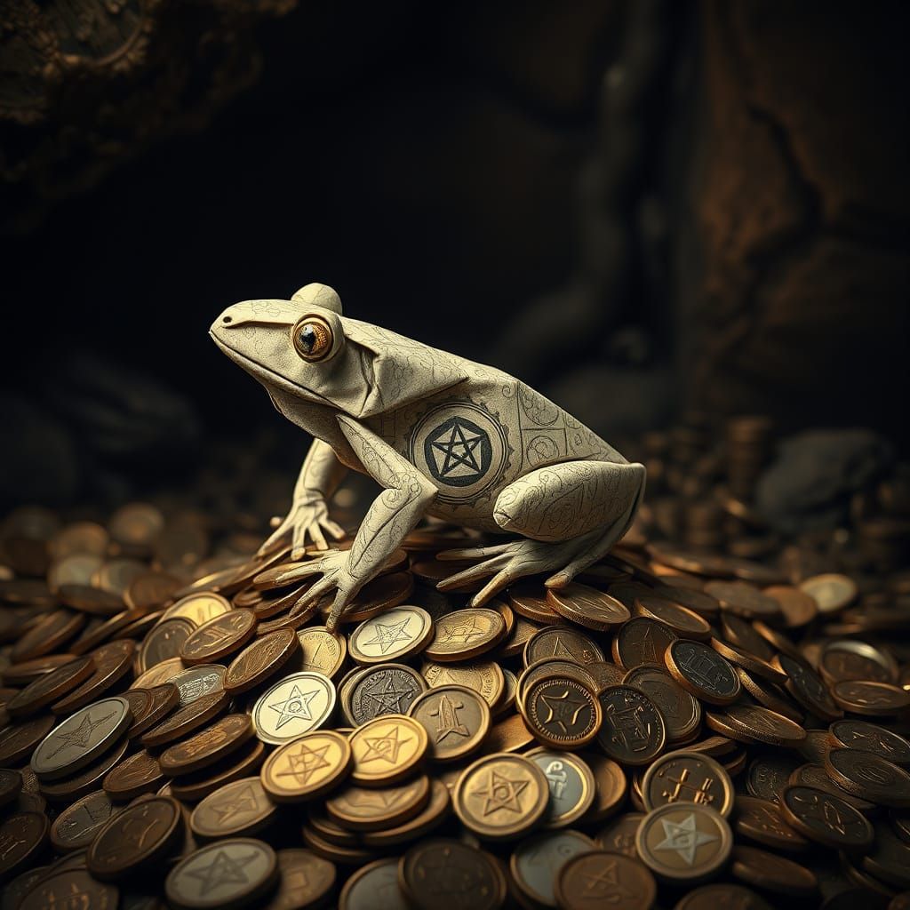Origami Frog on Gold Coins in Treasure Cavern
