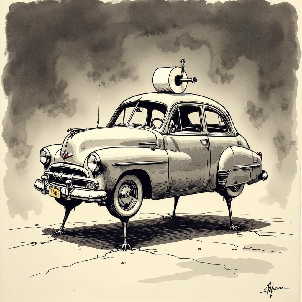 Whimsical Car on Spindly Legs Ink Drawing