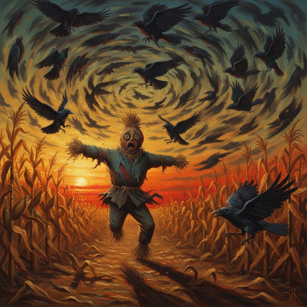 Scarecrow Flees Crows in Eerie Dusk Cornfield