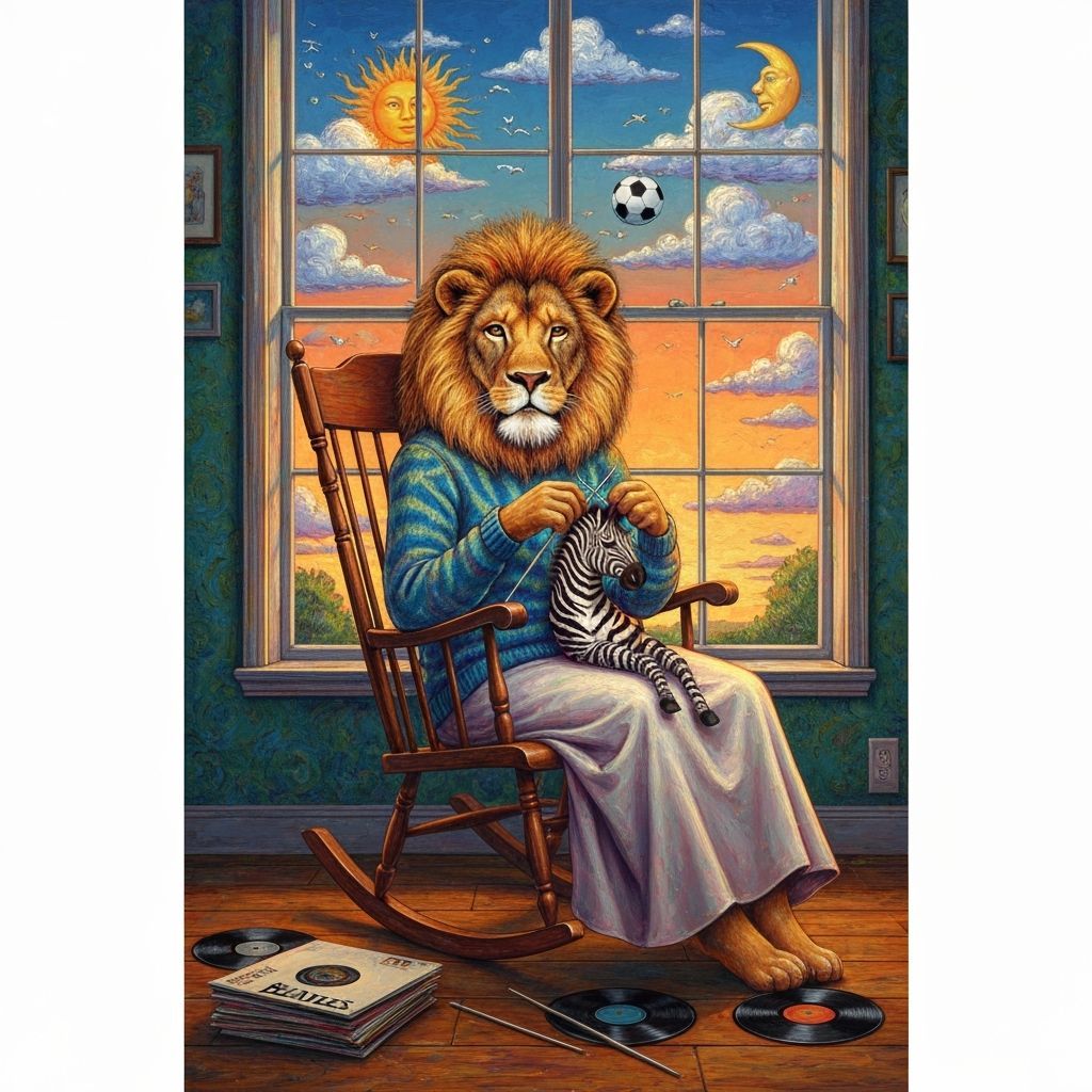 Lion-Human Hybrid Knitting, Van Gogh-Inspired Art