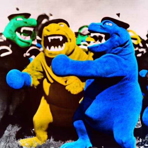 Screaming blue meanies fighting screaming yellow zonkers! 1900s photograph colorful