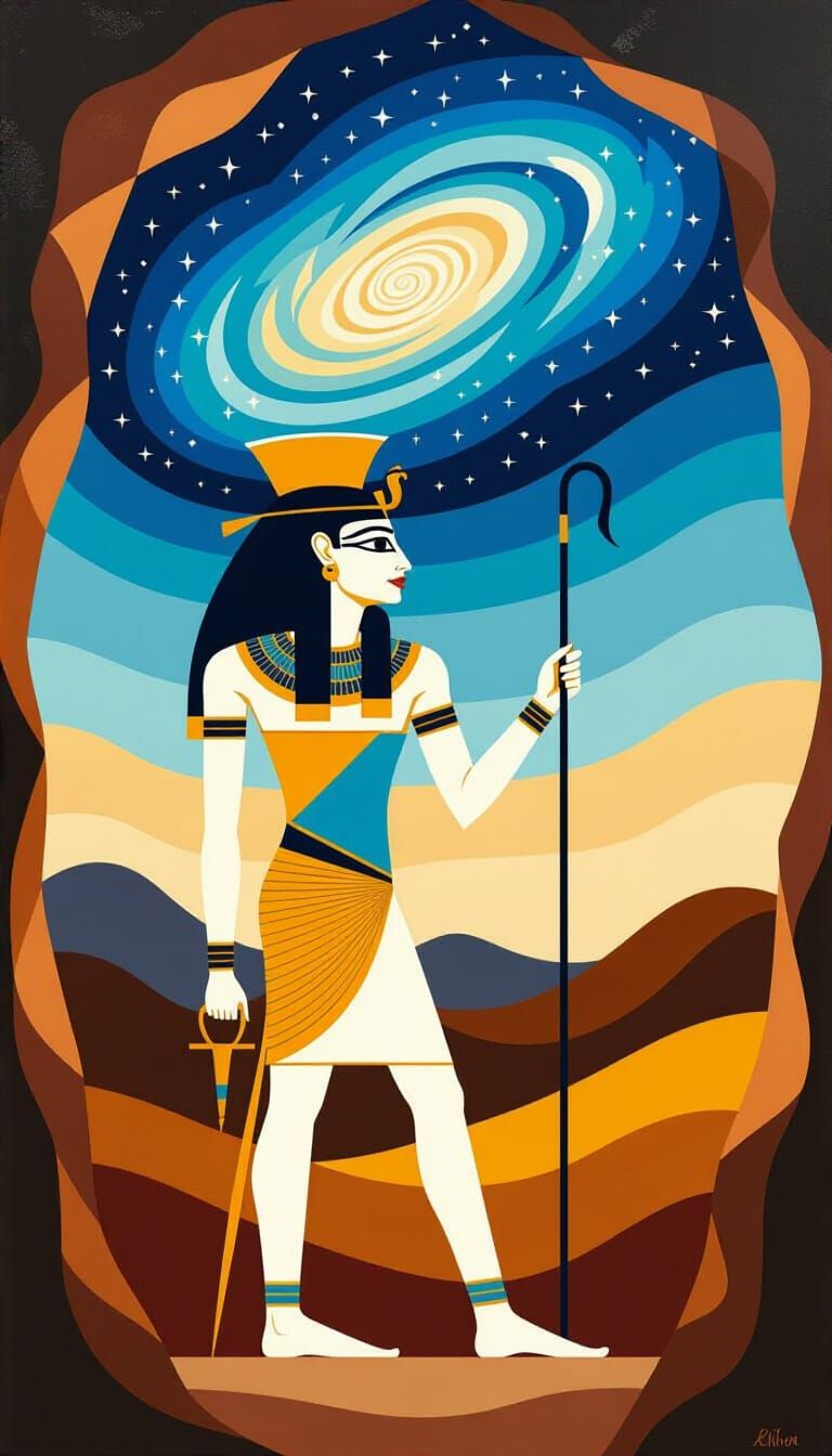 Ancient Egyptian Fresco Style Cave Painting of Celestial Fig...