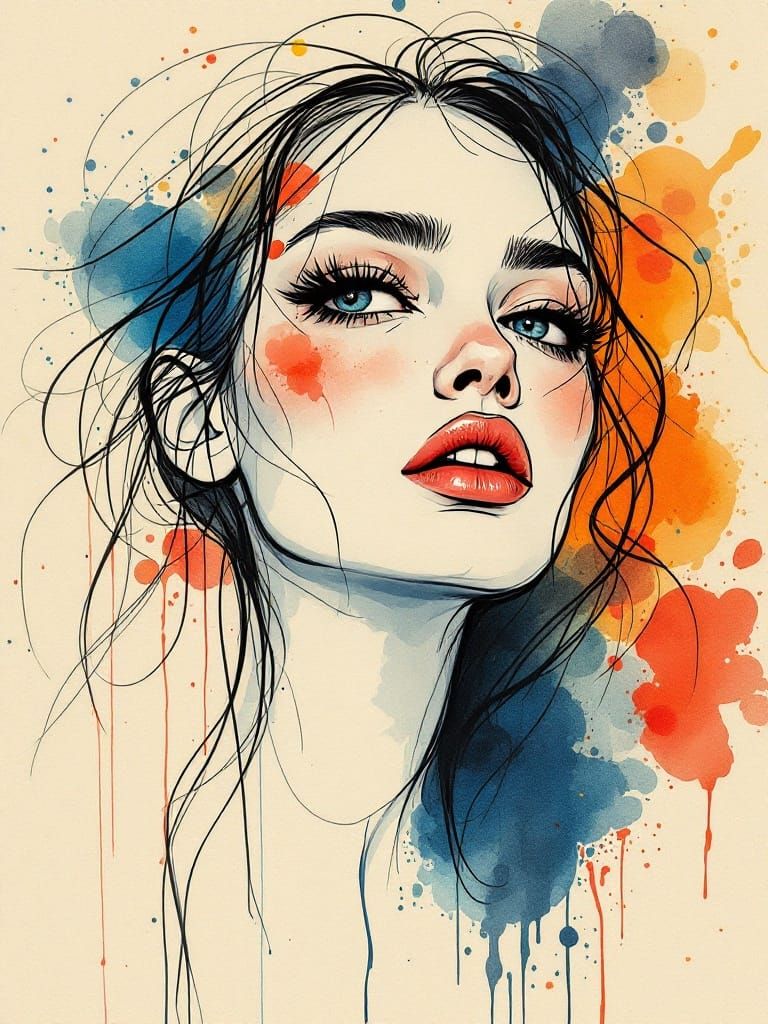 Surreal Portrait of a Woman with Expressive Linework and Wat...