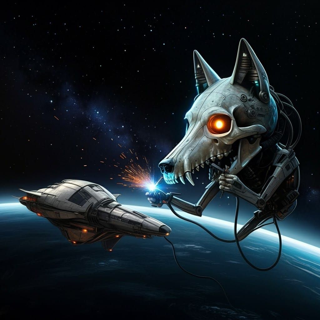 Mechanical Wolf Skull Repairs Spaceship in Futuristic Style