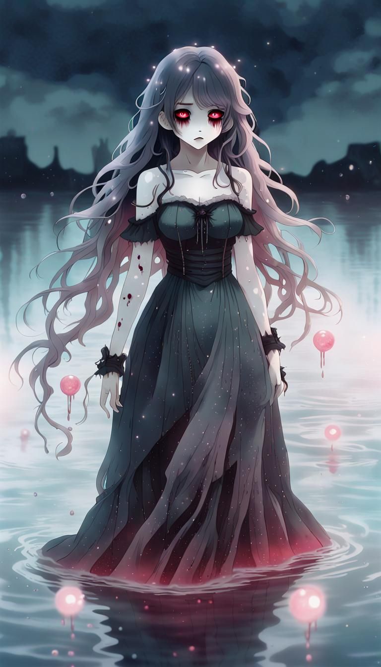 Ethereal Manga Ghost Floating Above Water in Pastel Colors