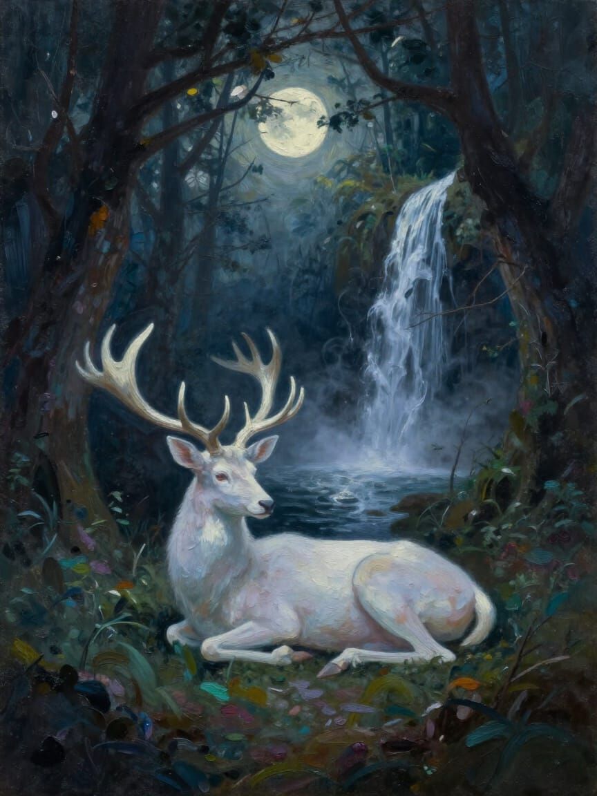 Spectral Deer by Moonlit Waterfall in Dark Forest