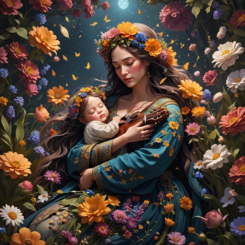 Floral Woman Singing Lullaby to Child: Fantasy Art