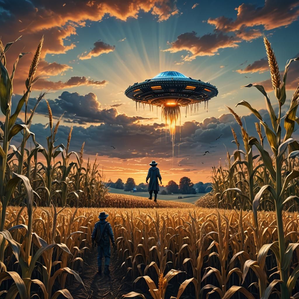 UFO Over Cornfield: Vibrant Sci-Fi Concept Art