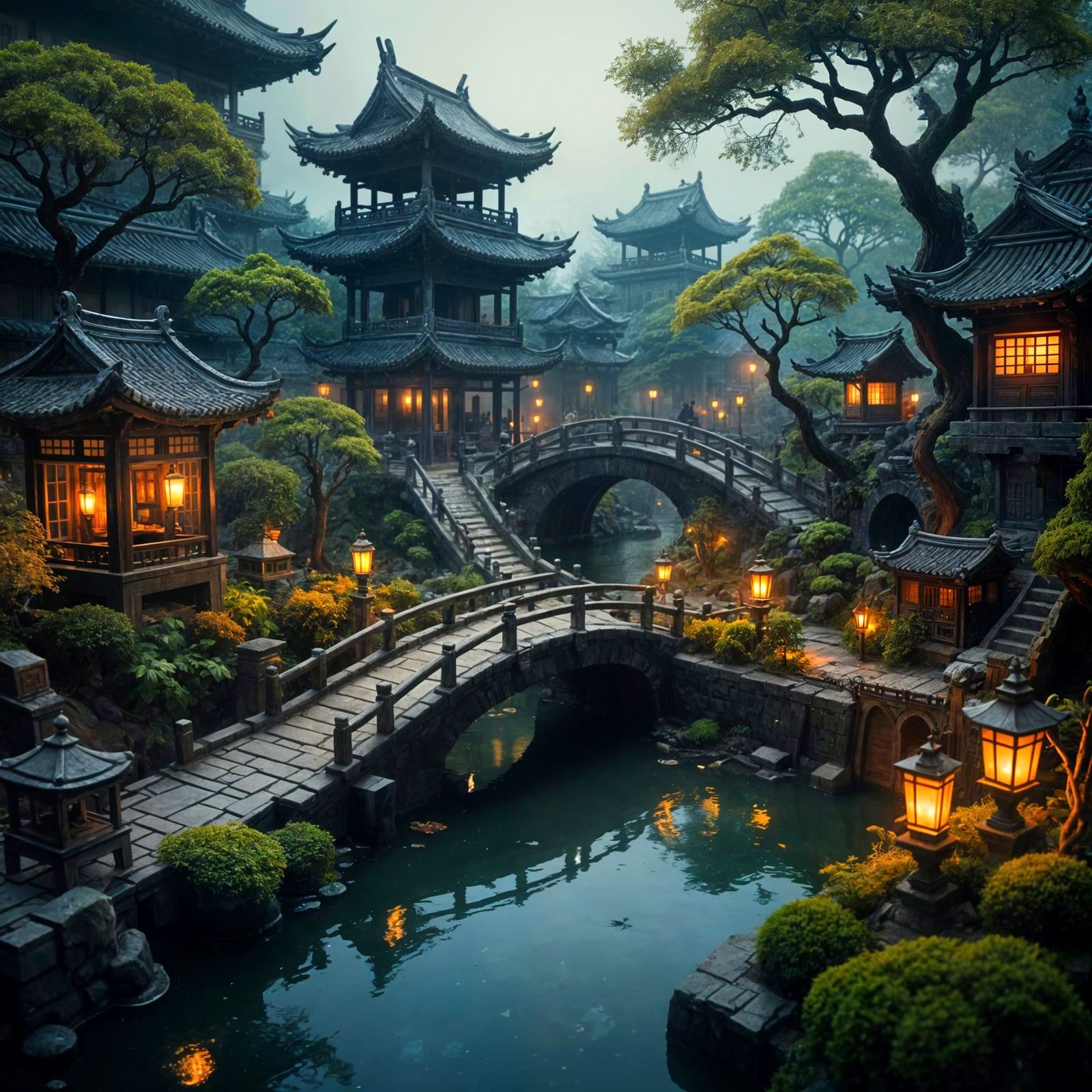 Miniature Japanese Garden with Ghosts in Digital Painting