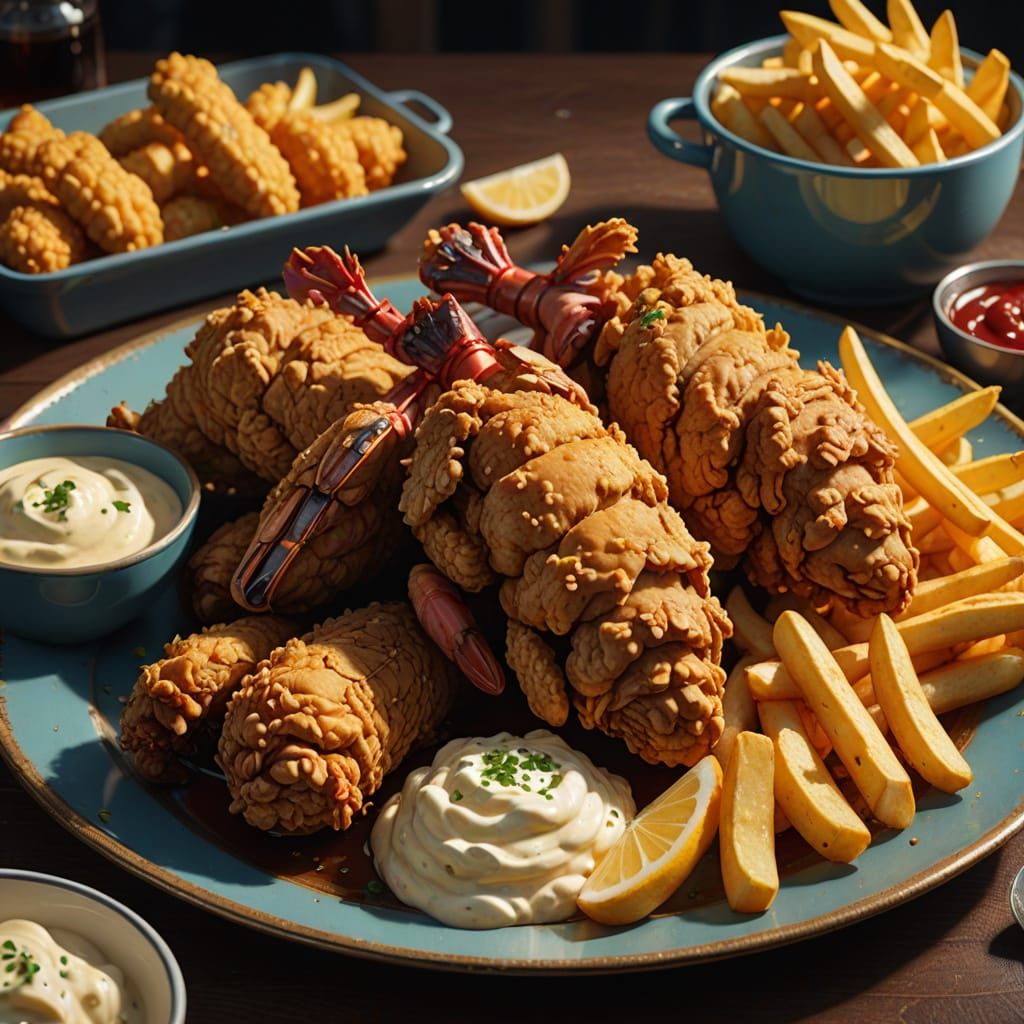 Surrealistic Fried Chicken and Lobster Feast in Golden Hues