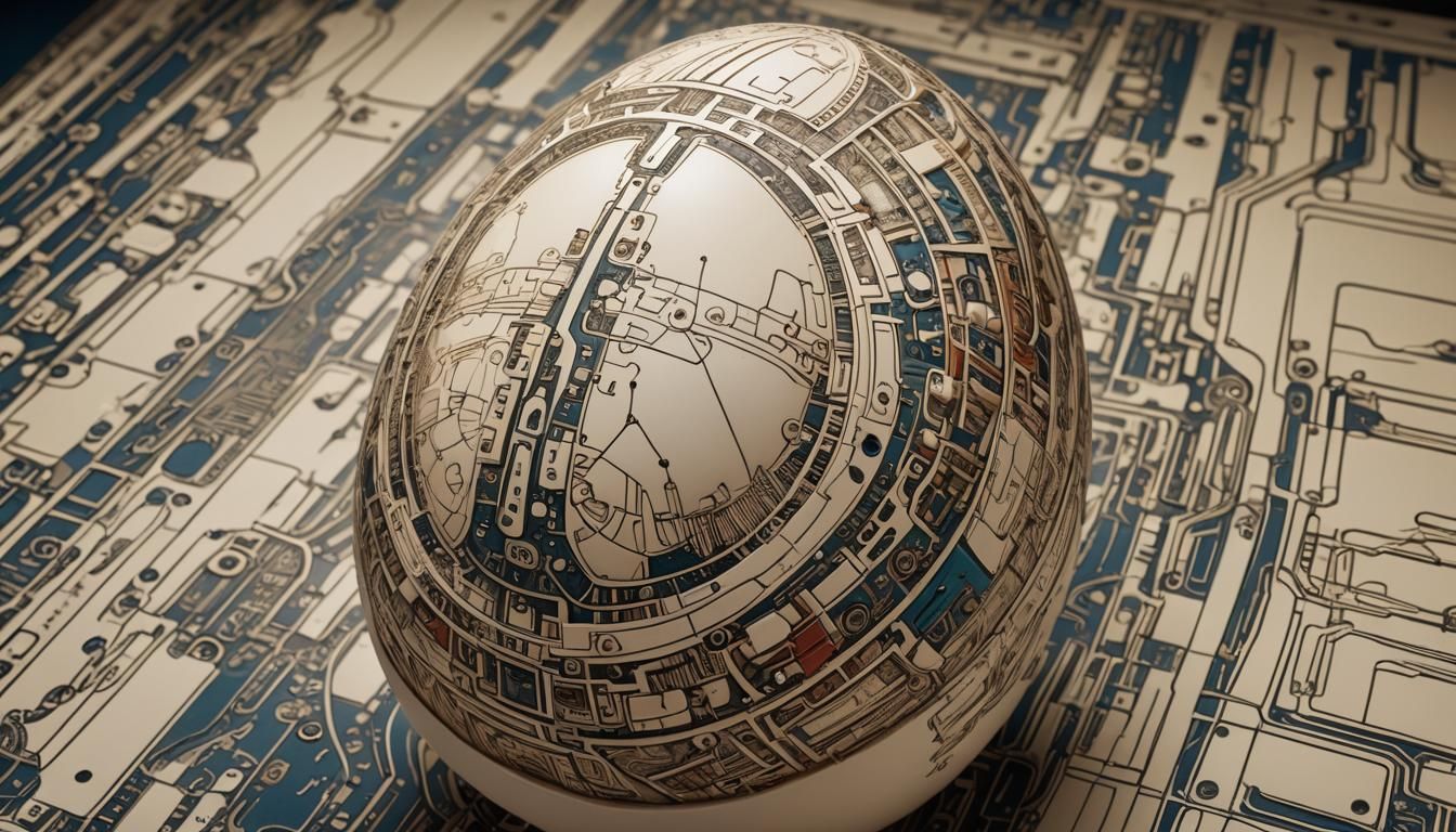 Intricately engraved scrimshaw into an egg, revealing the blueprint drawing of a complex electronic circuit design.