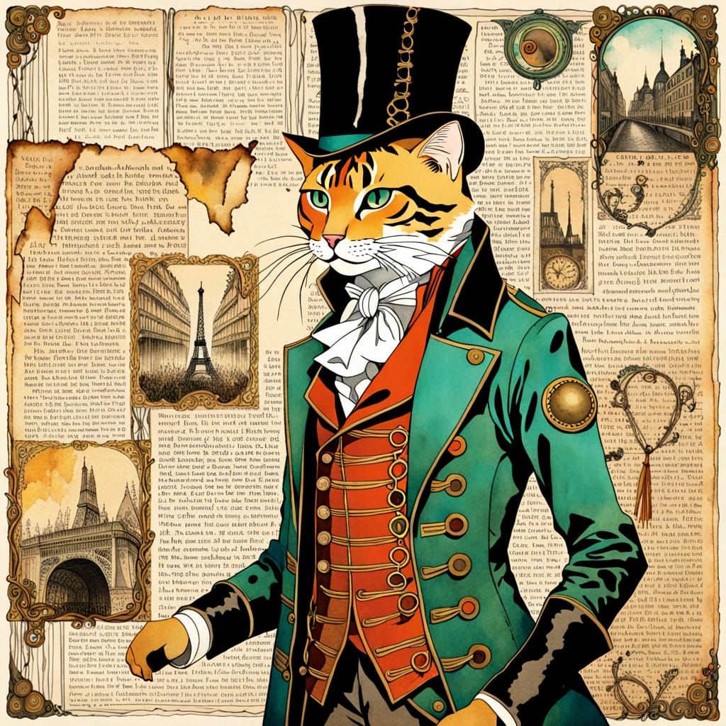 Steampunk Cat in Revolutionary Paris, Watercolor Illustratio...
