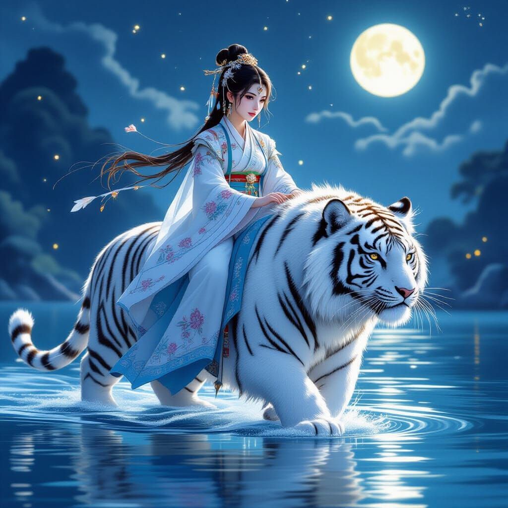 Woman in Hanfu Riding a Tiger on Water