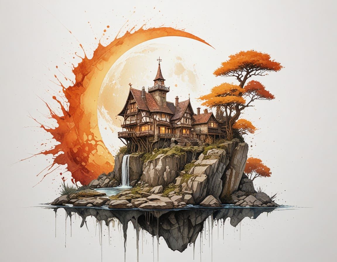 Whimsical Magical House by Waterfall and Glowing Pool