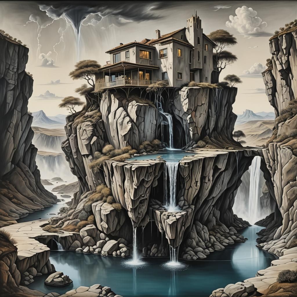 Surreal Cliffside House with Waterfall, Salvador Dali Style