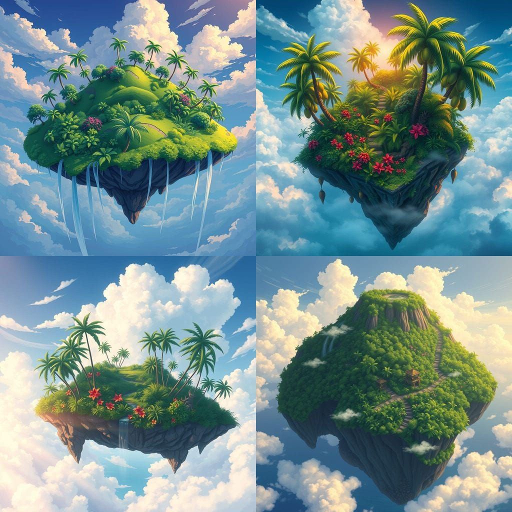 Surreal Tropical Oasis Suspended Above the Clouds in Vibrant...