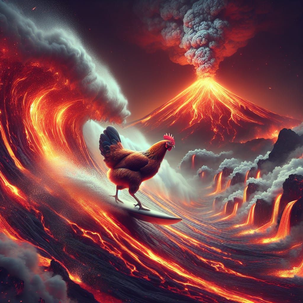 Chicken Surfing Lava on Volcano: Digital Matte Painting