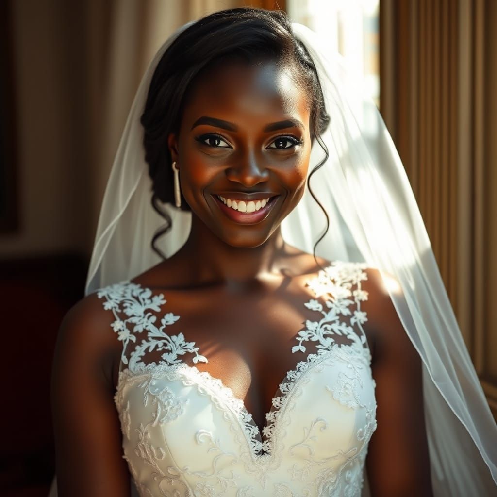 Elegant Dark Skinned Bride in White Wedding Gown