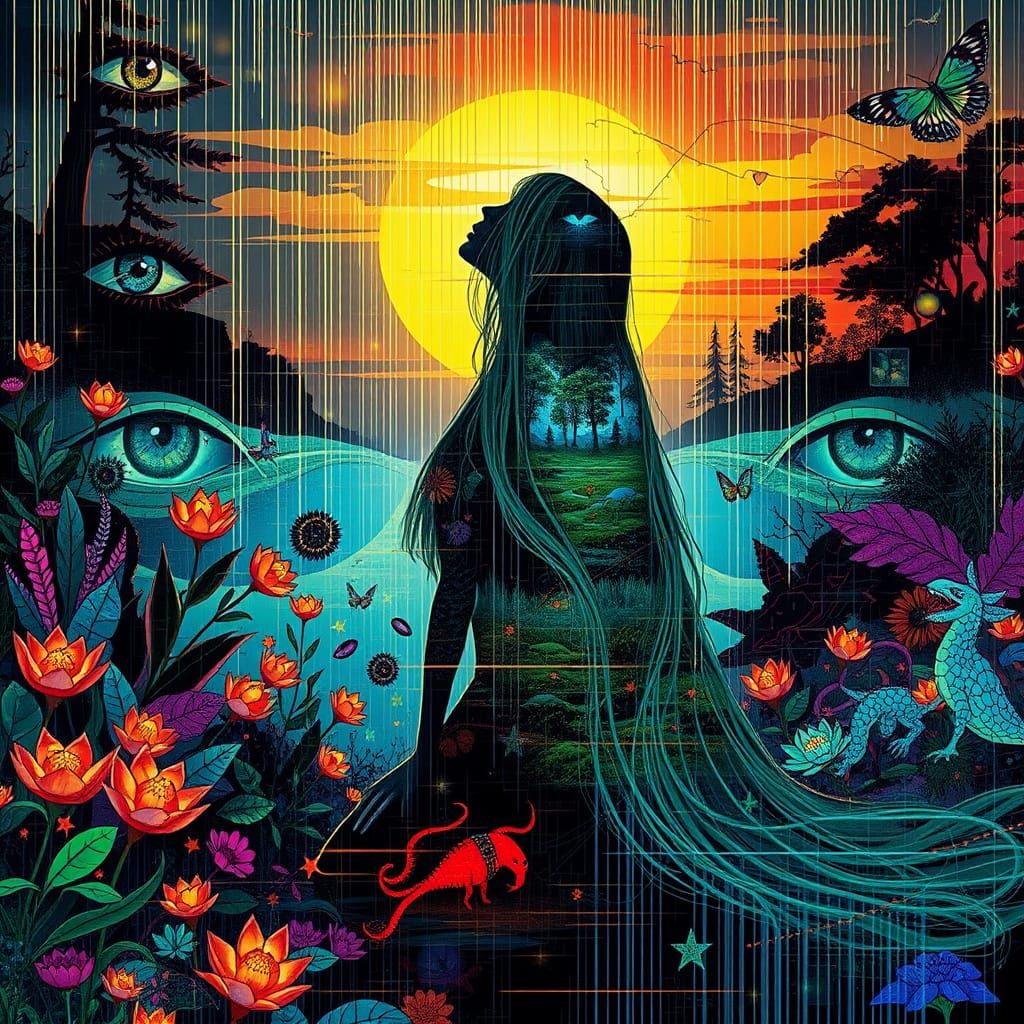 Surreal Glitch Art: Woman in Vibrant Landscape