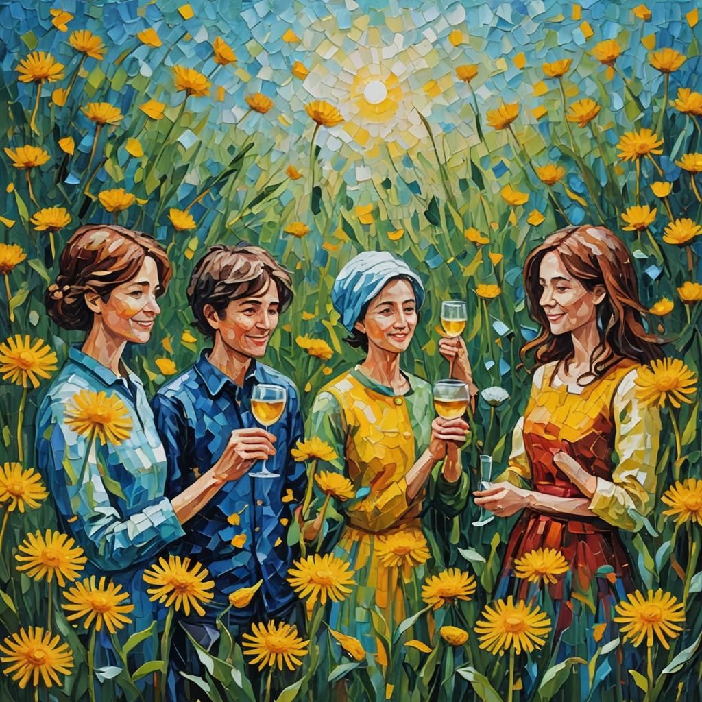 Dandelion Wine with Friends: Expressionist Oil Painting