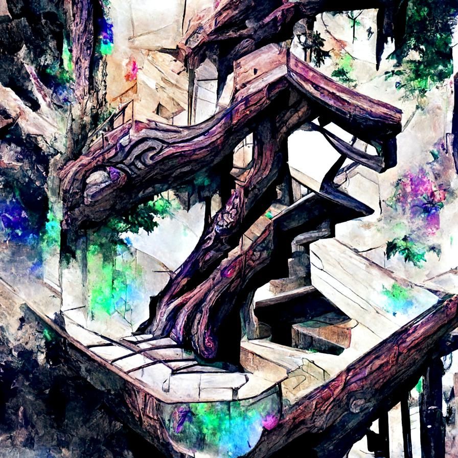 Anime Staircase on Tree Trunk with Watercolor Effects