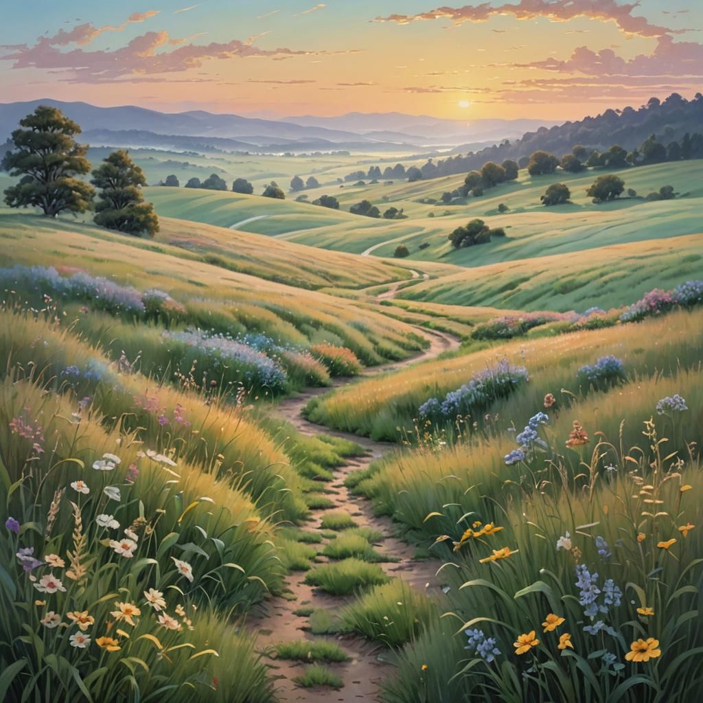 Peaceful Meadow at Dawn with Rolling Hills and Cottage