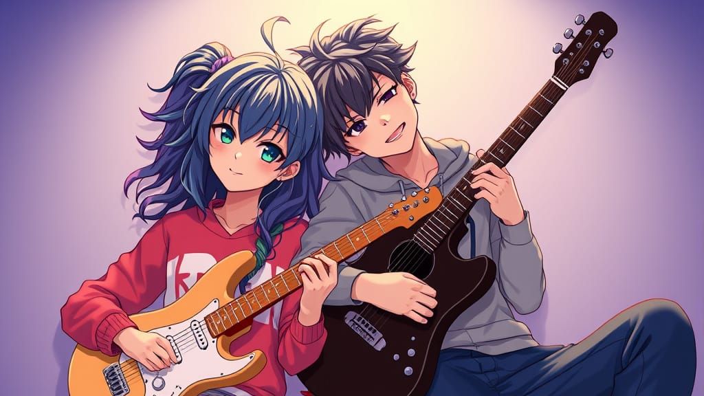 Couple with Unique Hairstyles Playing Guitar in Anime Style