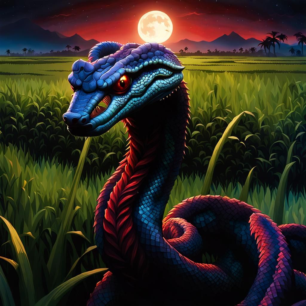 Rainbow Viper Silhouette in Moonlight: Dark Fantasy Art