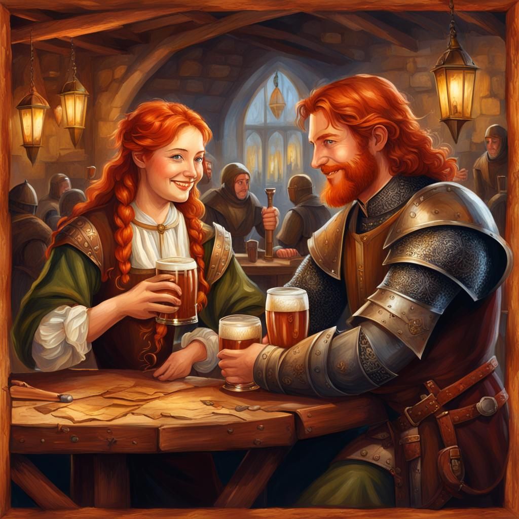 Medieval Tavern Scene: Irish Waitress and Knight