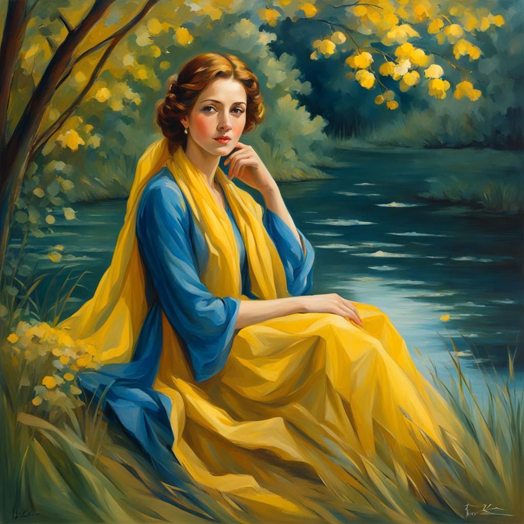 Woman in Blue Dress by Riverbank, Impressionistic Style