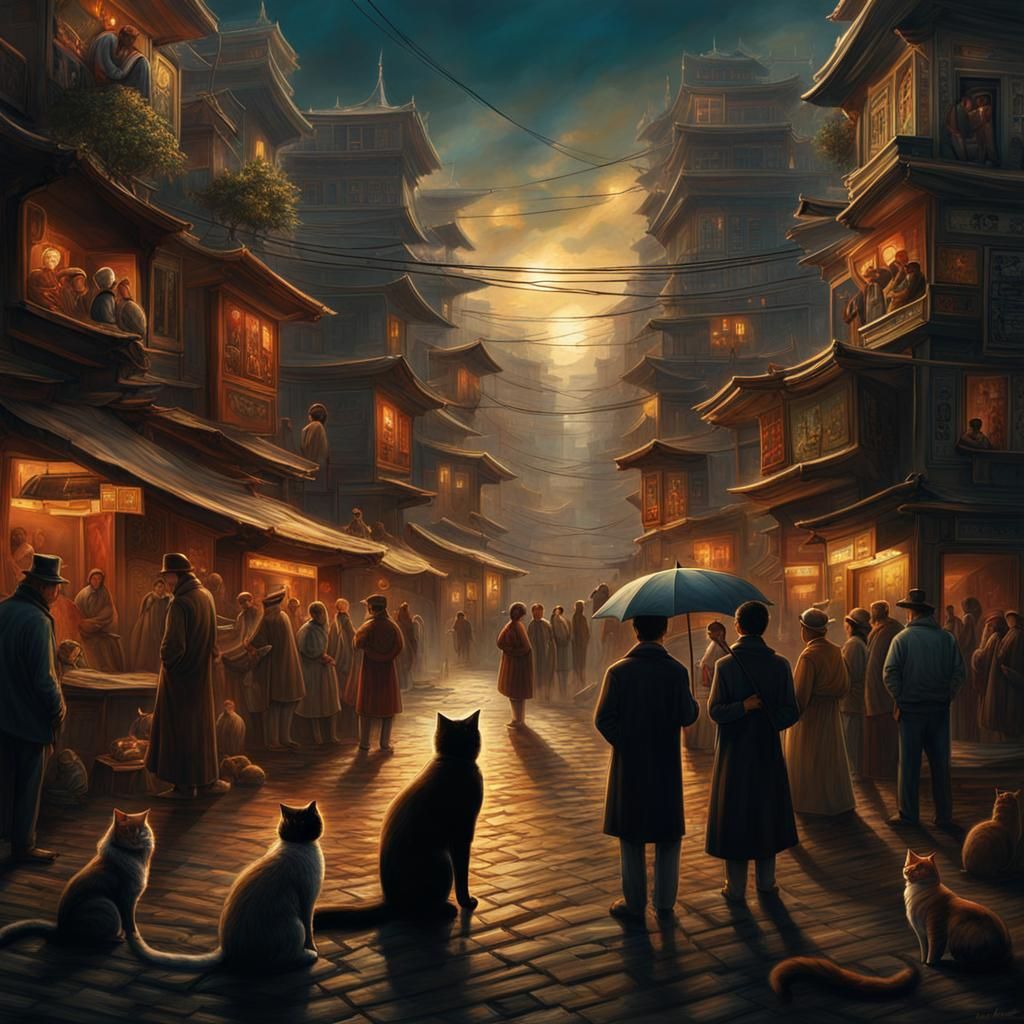 Calm Cat Amidst Urban Chaos in Matte Painting