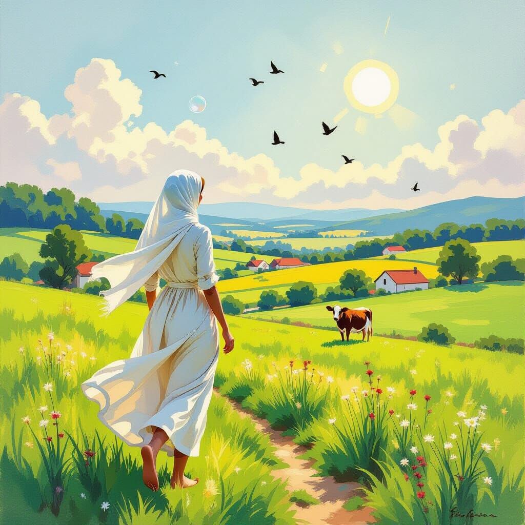 Woman in Field: Gouache Impressionist Painting