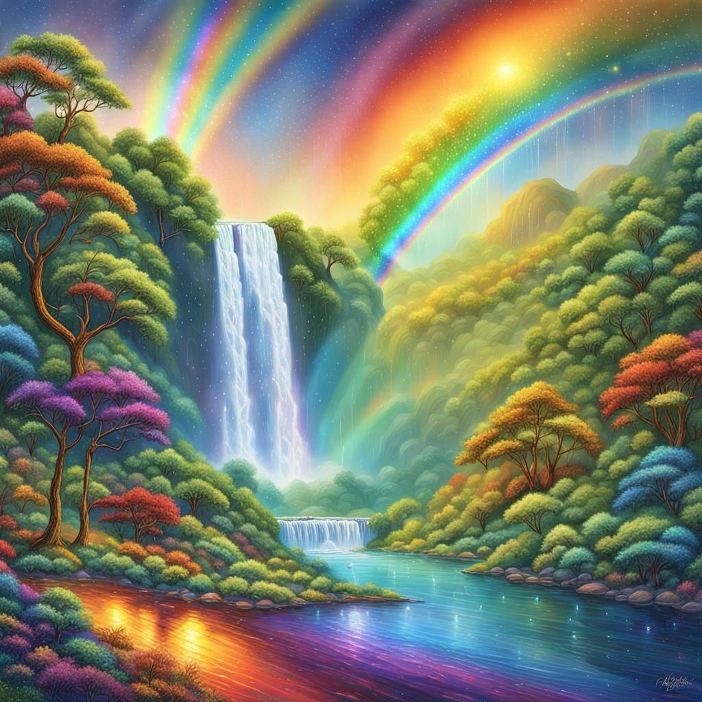 Rainbow Over Waterfall in Astral Cosmic Illustration