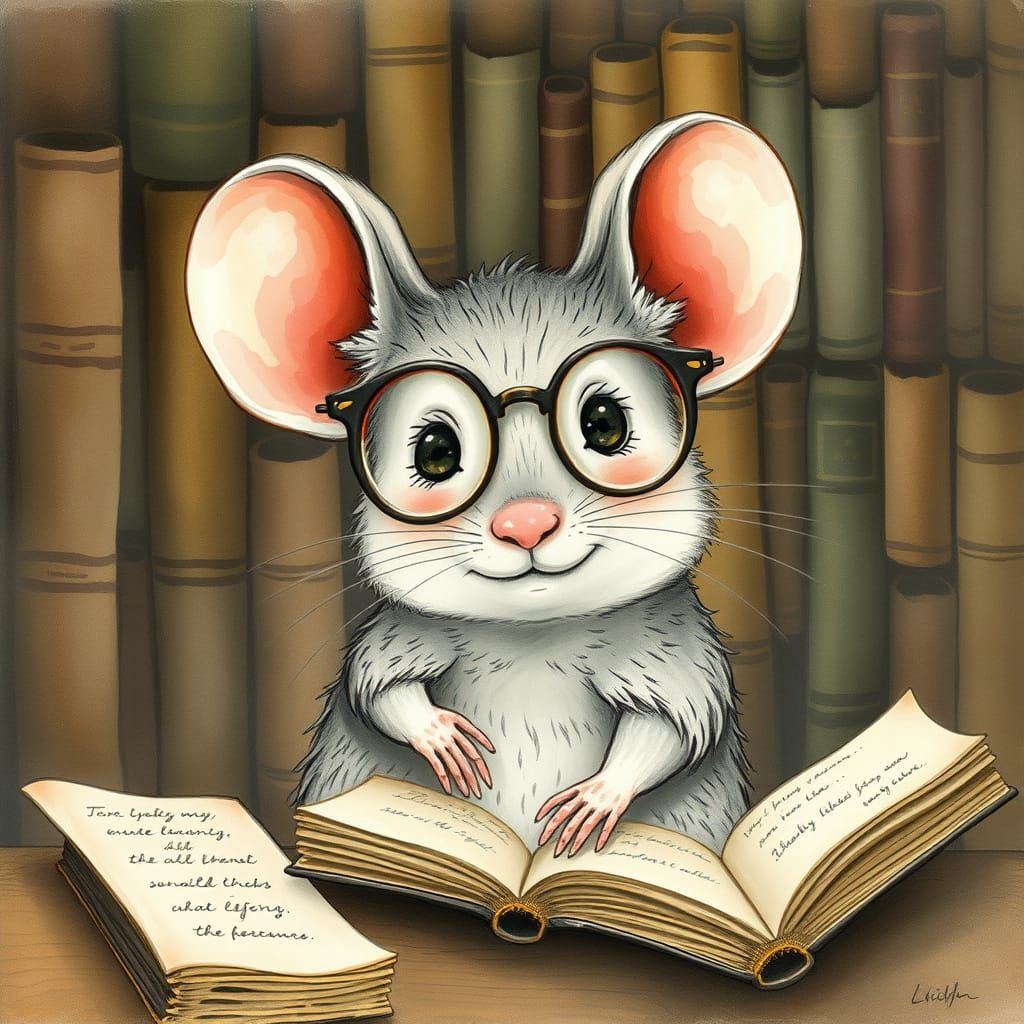 Mouse in Library, Watercolor Illustration