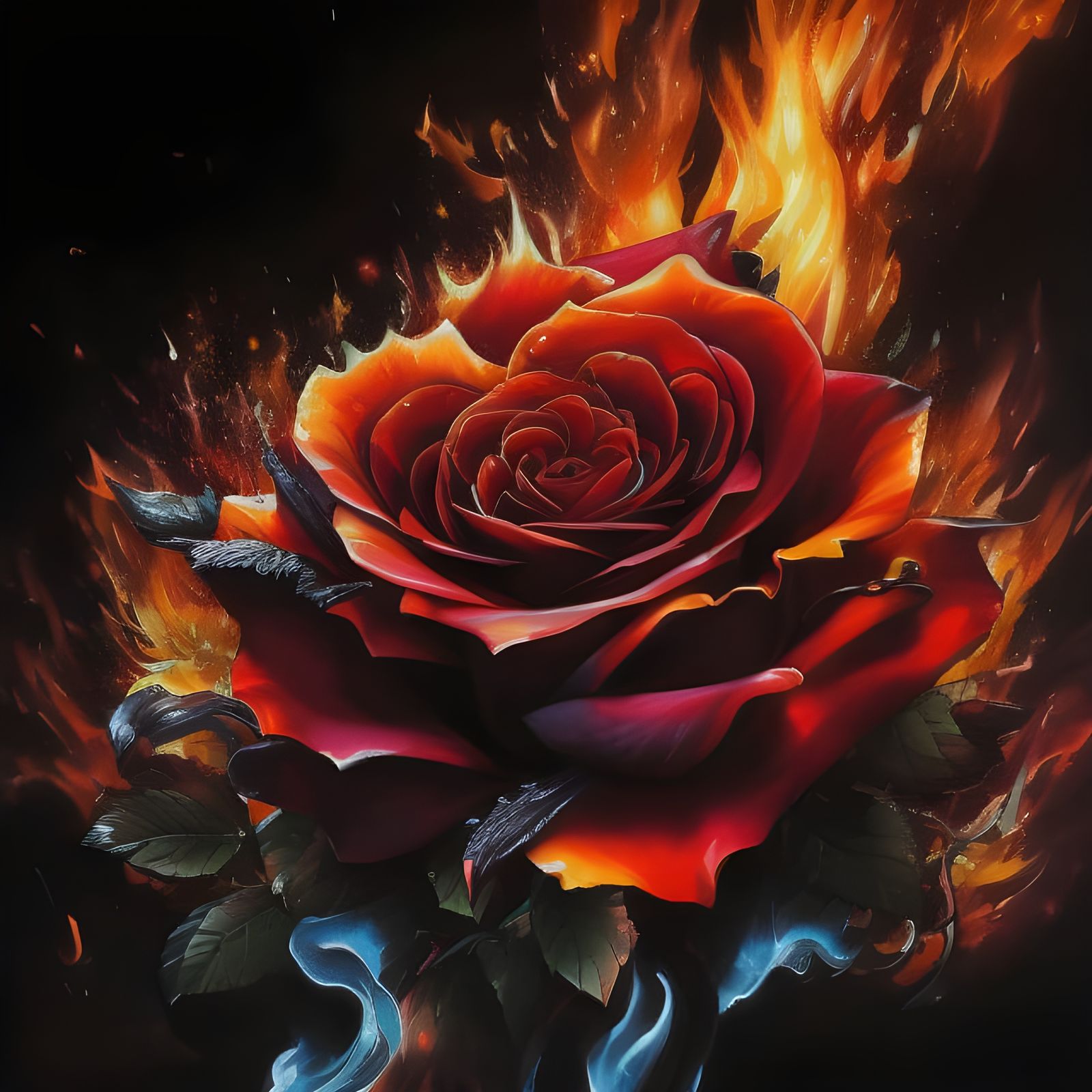 Fiery Rose Explosion: Hyperrealistic Fantasy Art
