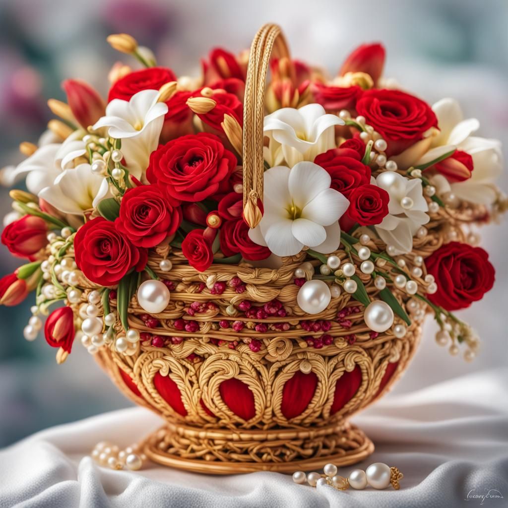 Luxurious Basket of Jewels and Flowers, Hyperrealistic