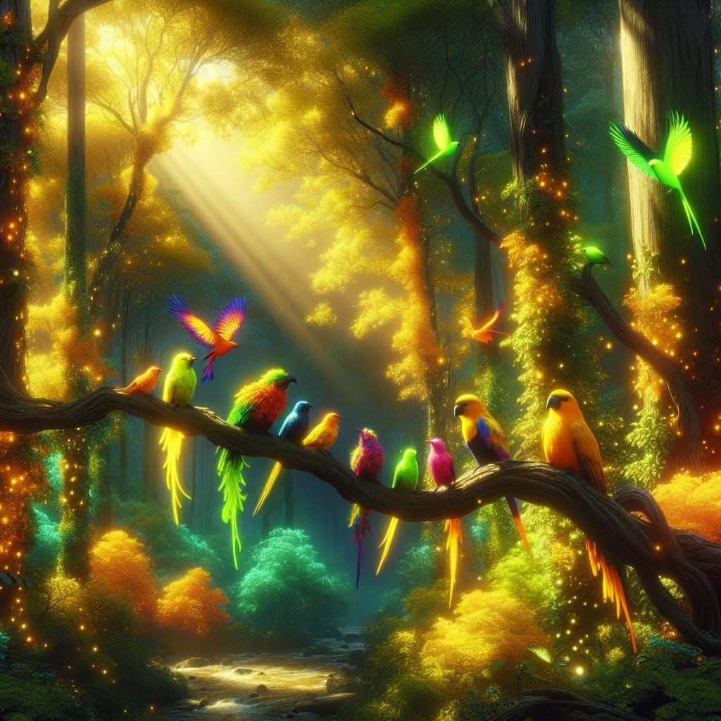 Fluorescent Birds in Sunlit Forest: Matte Painting