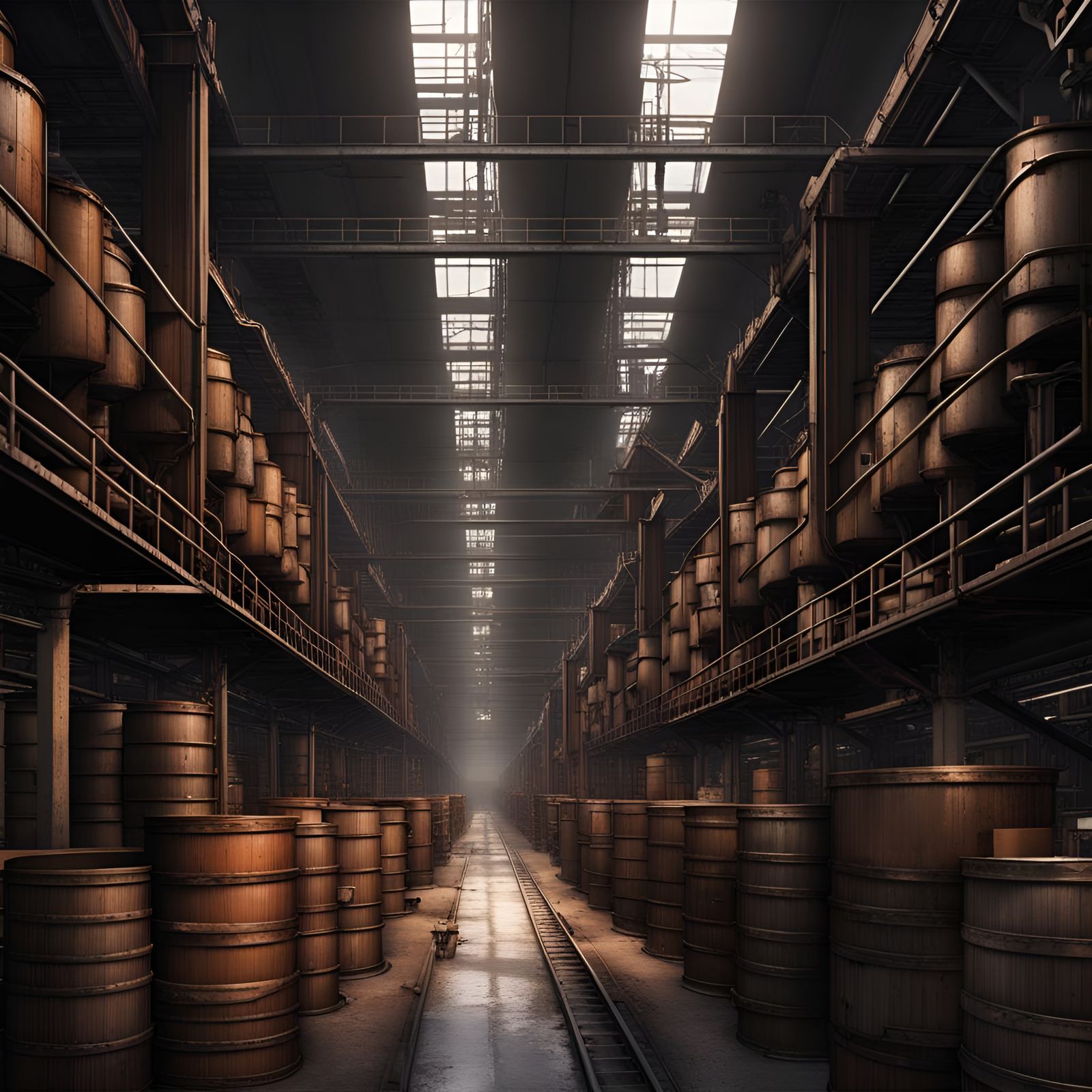 Eerie Factory Interior with Trash Monster, Digital Art