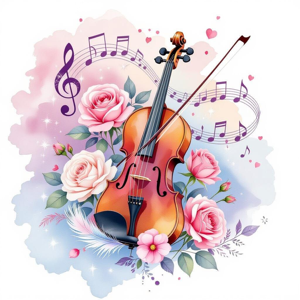 Elegant Violin with Roses in Dreamy Watercolor Style