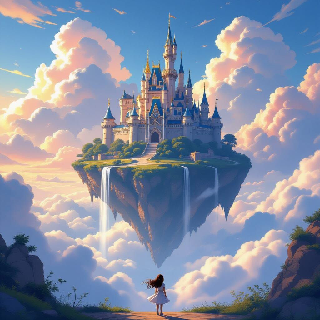 Majestic Floating Island Castle with Girl Below
