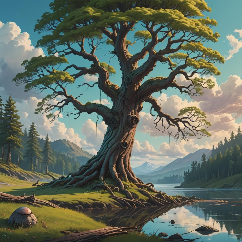 Enchanted Tree by Lake: Fantasy Landscape Art