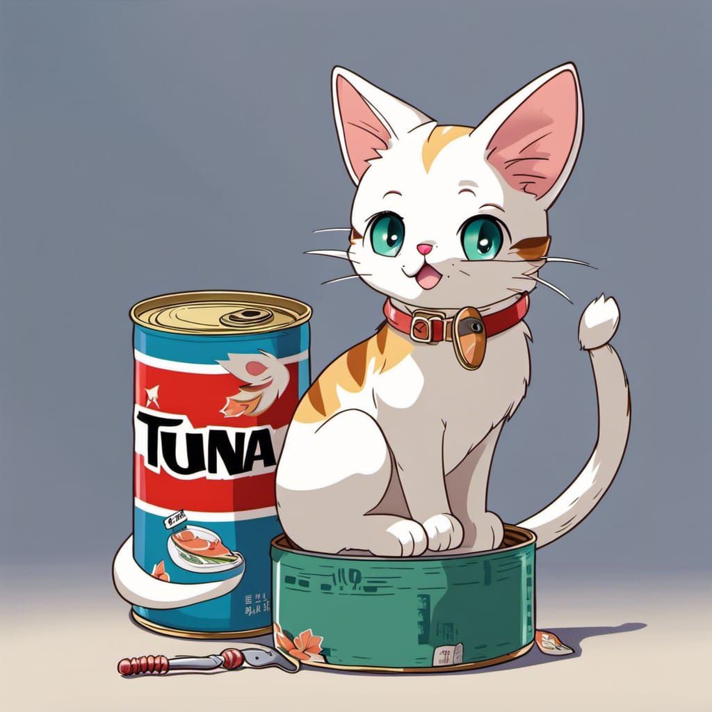 Cute cat staling a can of tuna